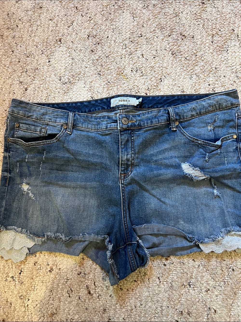 torrid Blue Distressed Denim Shorts with Lace Hem